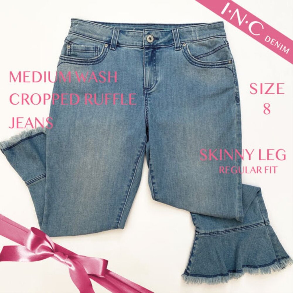 INC Blue Vintage Medium Wash Cropped Ruffle Jeans Size 8 Skinny Leg Regular Fit